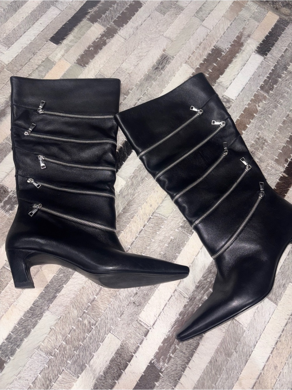 Zara Black Mid-Calf Pointed Toe Boots with Diagonal Zip Detail